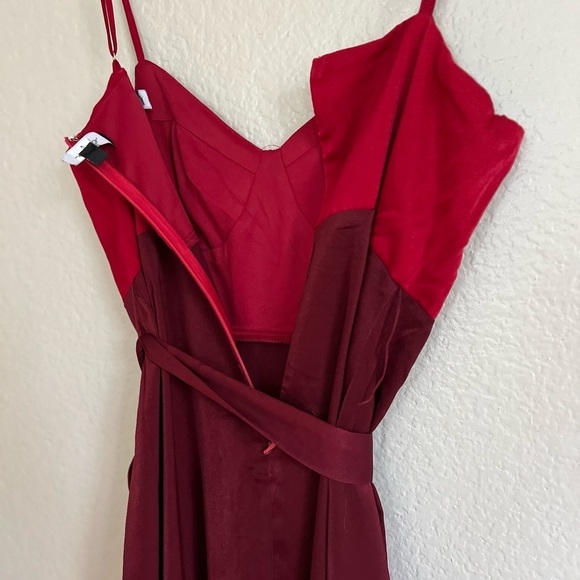 NWOT Burgundy Color Block Satin Ruffled Maxi Dress - Picture 8 of 8